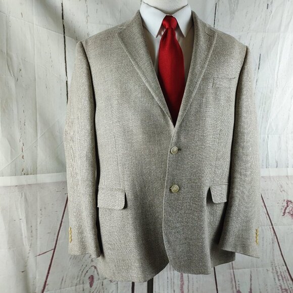 Joseph Abboud 46R Linen Blend 2 Button Grayish Tan Textured Blazer Sport Coat - Picture 1 of 13